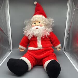 Vintage 1970s Jolly Santa Claus Plush Doll 18in Plastic Face Christmas Decor